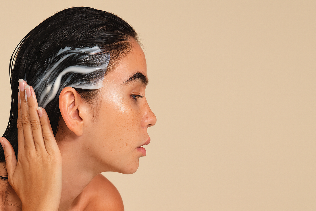 Woman using Zamani Herbal Hair Spray before bedtime routine